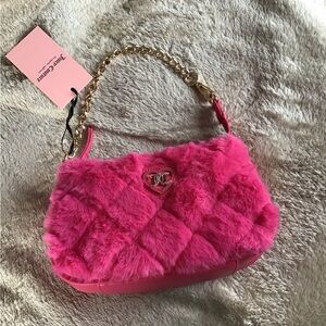 Juicy Couture Mini Fluffy Pink Wristlet Bag with chain and pockets New with tag